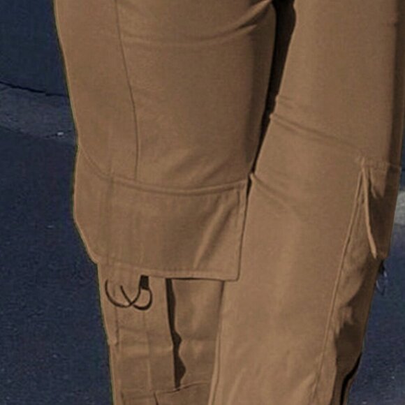 Coffee Brown Casual Women's Plain Loose Straight-Leg Cargo Pants With Pockets - Picture 4 of 5